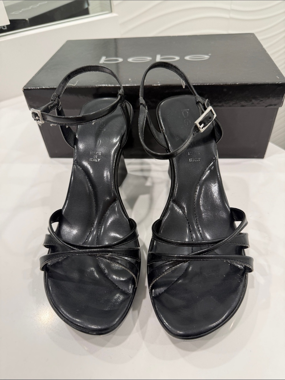 bebe Black Strappy Ankle‑Buckle Heeled Sandals